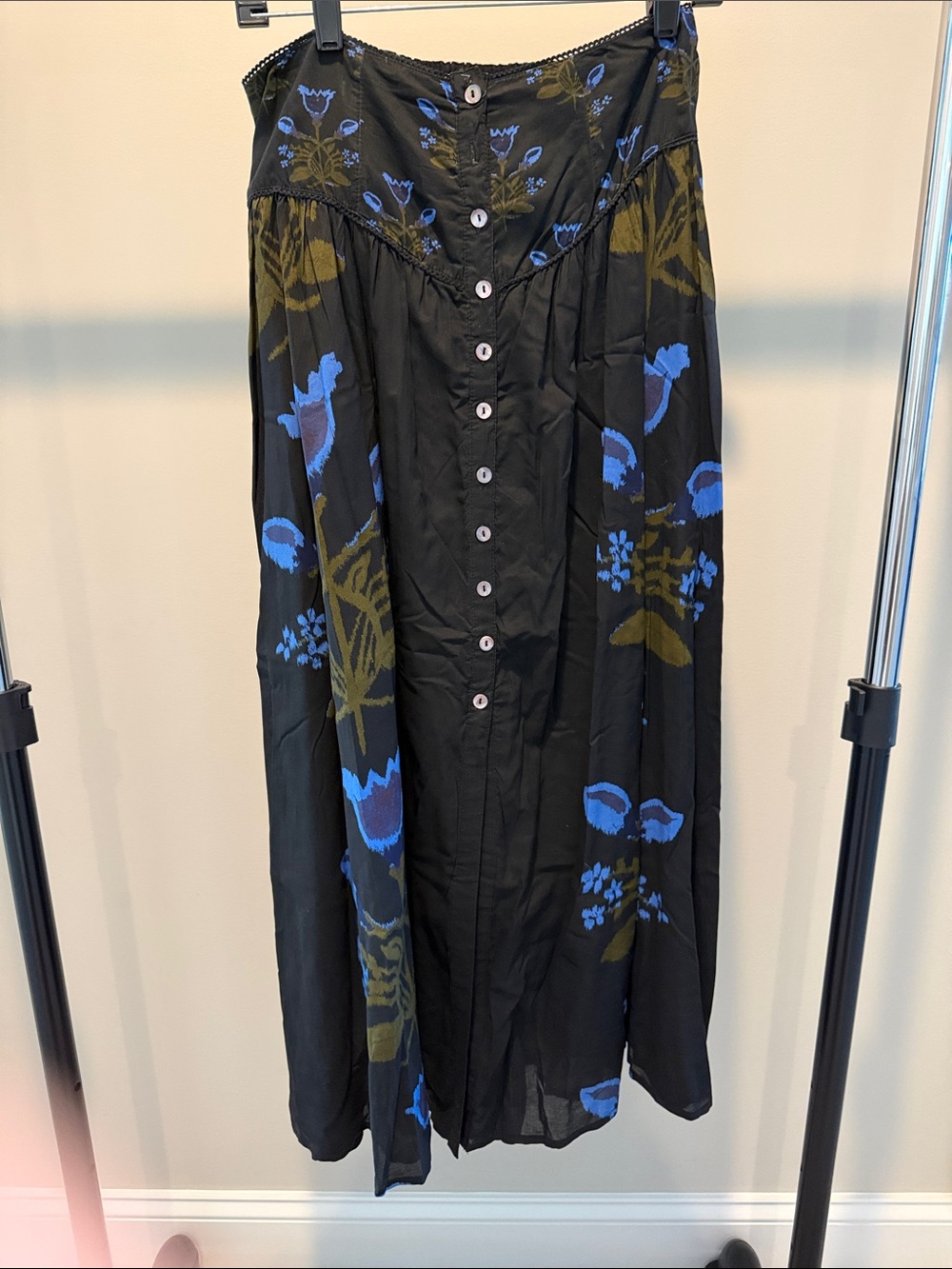 Free People Black Maxi Skirt with Blue and Olive Floral Print